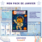 Découverte du pack de janvier sur le thème de l'espace avec le livret avec rony dans l'espace, une page de calendrier de janvier 2026, un emploi du temps et un planning de repas en bleu. 