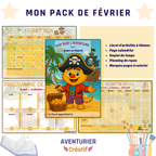Découverte du pack de février sur le thème des pirates avec le livret avec rony déguiser en pirate, un trésor et un bateau, une page de calendrier de février 2026, un emploi du temps et un planning de repas en jaune. 