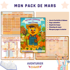Découverte du pack de mars sur le thème des animaux de la ferme avec le livret avec rony à la ferme , une page de calendrier de janvier 2026, un emploi du temps et un planning de repas en orange. 
