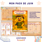 Découverte du pack de juin sur le thème de savane avec Rony dans la savane qui est parti faire un safari, une page de calendrier de juin 2026, un emploi du temps et un planning de repas en orange.