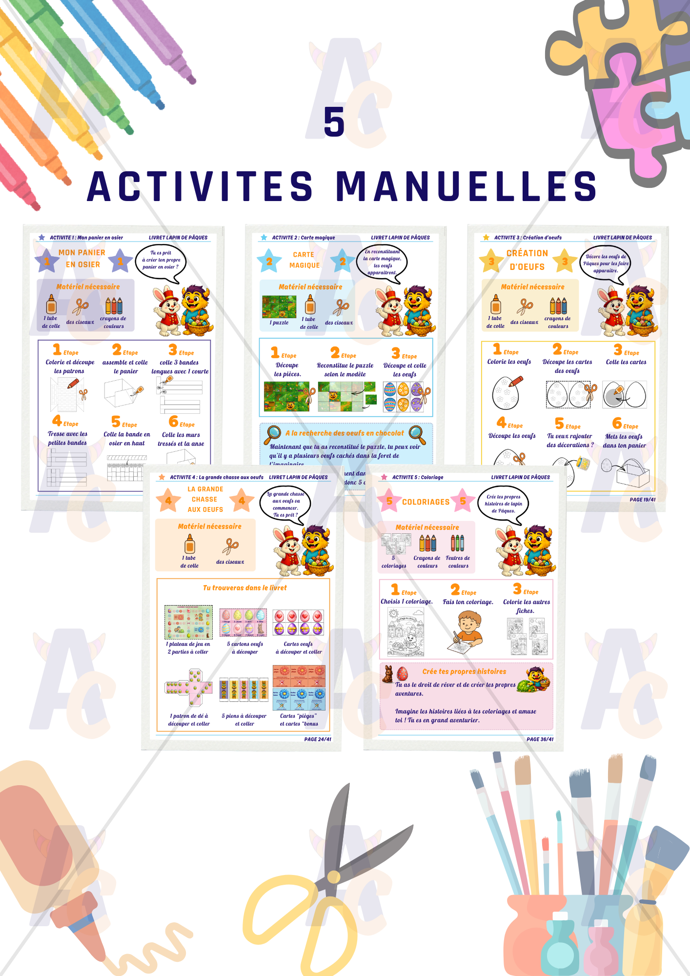 Explication des activités avec activité panier a fabriquer et colorier puis puzzle a découper et reconstituer sur son modèle, coloriage et découpage d'oeuf en papier pour remplir son panier puis jeu la grande chasse aux oeufs de pâques avec plateau de jeux et cartes défis. Et coloriage de Pâques avec rony et le lapin blanc. 