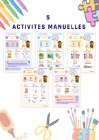 5 pages pour 5 activités manuelles, explications avec liste de matériel, feutres, crayons, colle, ciseaux. Consignes activités créatives pour enfants. Créer et s'amuser avec Rony. Jeux, puzzle, coloriage et créations. 