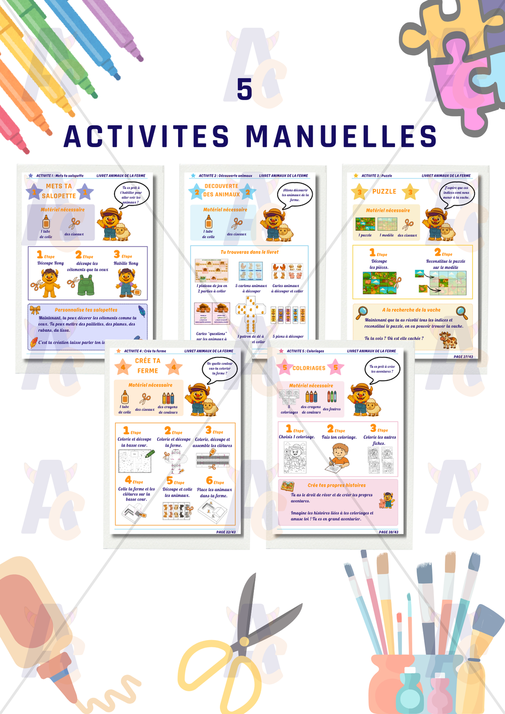 5 pages pour 5 activites manuelles, explications avec liste de matériel, feutres, crayons, colle, ciseaux. Consignes activités créatives pour enfants. Créer et s'amuser avec Rony. Jeux, puzzle, coloriage et créations. 