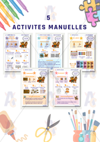 5 pages pour 5 activites manuelles, explications avec liste de matériel, feutres, crayons, colle, ciseaux. Consignes activités créatives pour enfants. Créer et s'amuser avec Rony. Jeux, puzzle, coloriage et créations. 