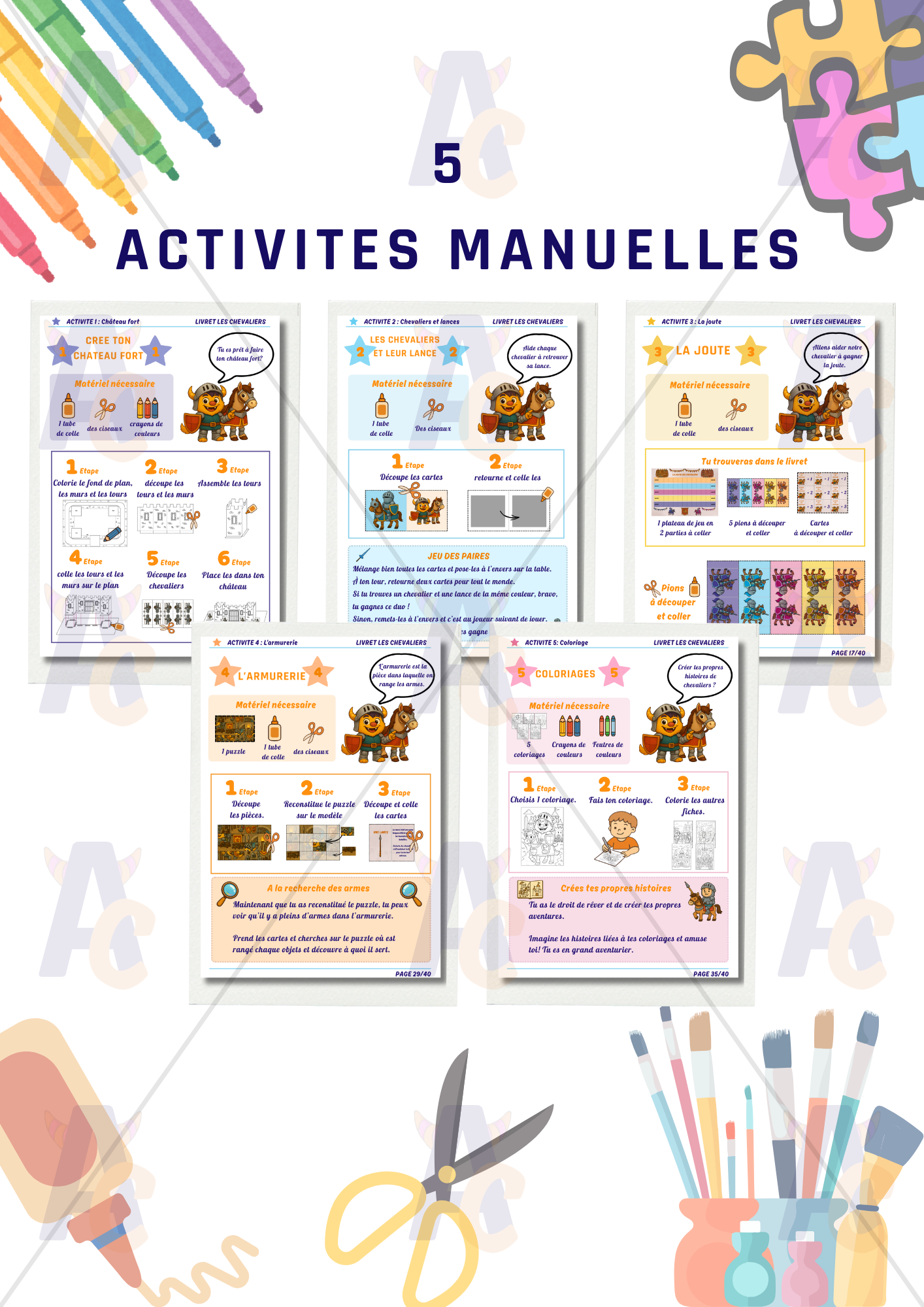5 pages pour 5 activites manuelles, explications avec liste de matériel, feutres, crayons, colle, ciseaux. Consignes activités créatives pour enfants. Créer et s'amuser avec Rony. Jeux, puzzle, coloriage et créations. 