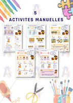 5 pages pour 5 activites manuelles, explications avec liste de matériel, feutres, crayons, colle, ciseaux. Consignes activités créatives pour enfants. Créer et s'amuser avec Rony. Jeux, puzzle, coloriage et créations. 