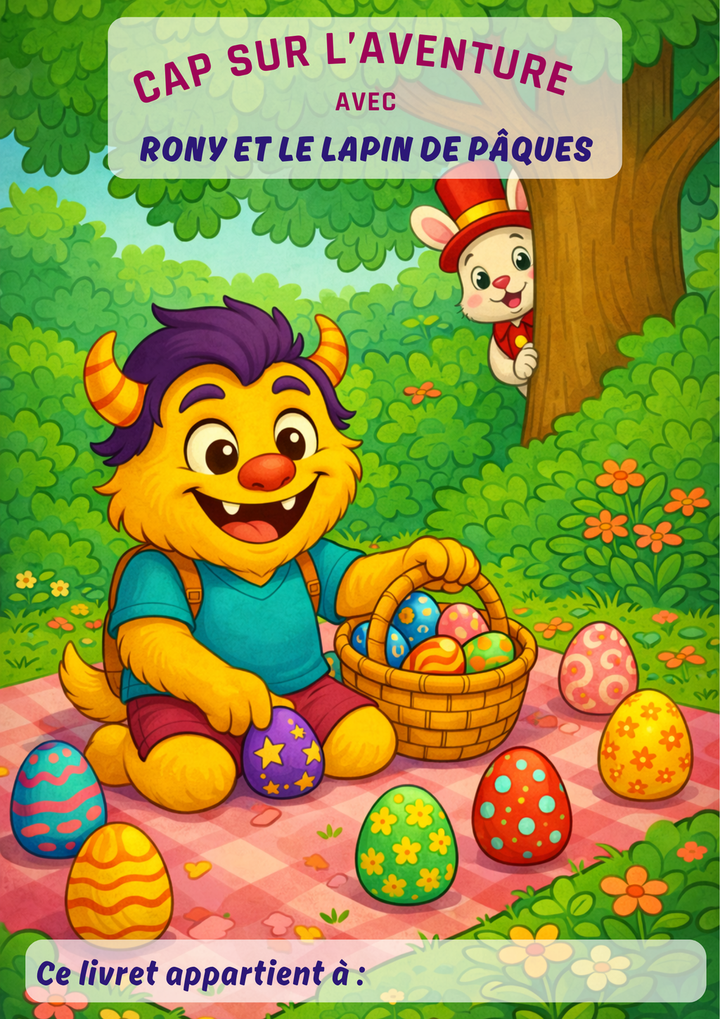 Couverture colorée du livret d’activités manuelles pour enfant  “ Rony et le lapin de Pâques”, avec Rony le petit monstre, dans le jardin, sur l’herbe qui cherche les oeufs en chocolat et au loin caché derrière un arbre, il y a un lapin qui le surveille. Rony à un chapeau sur la tête.  Histoire, créativité, imagination, coloriage.