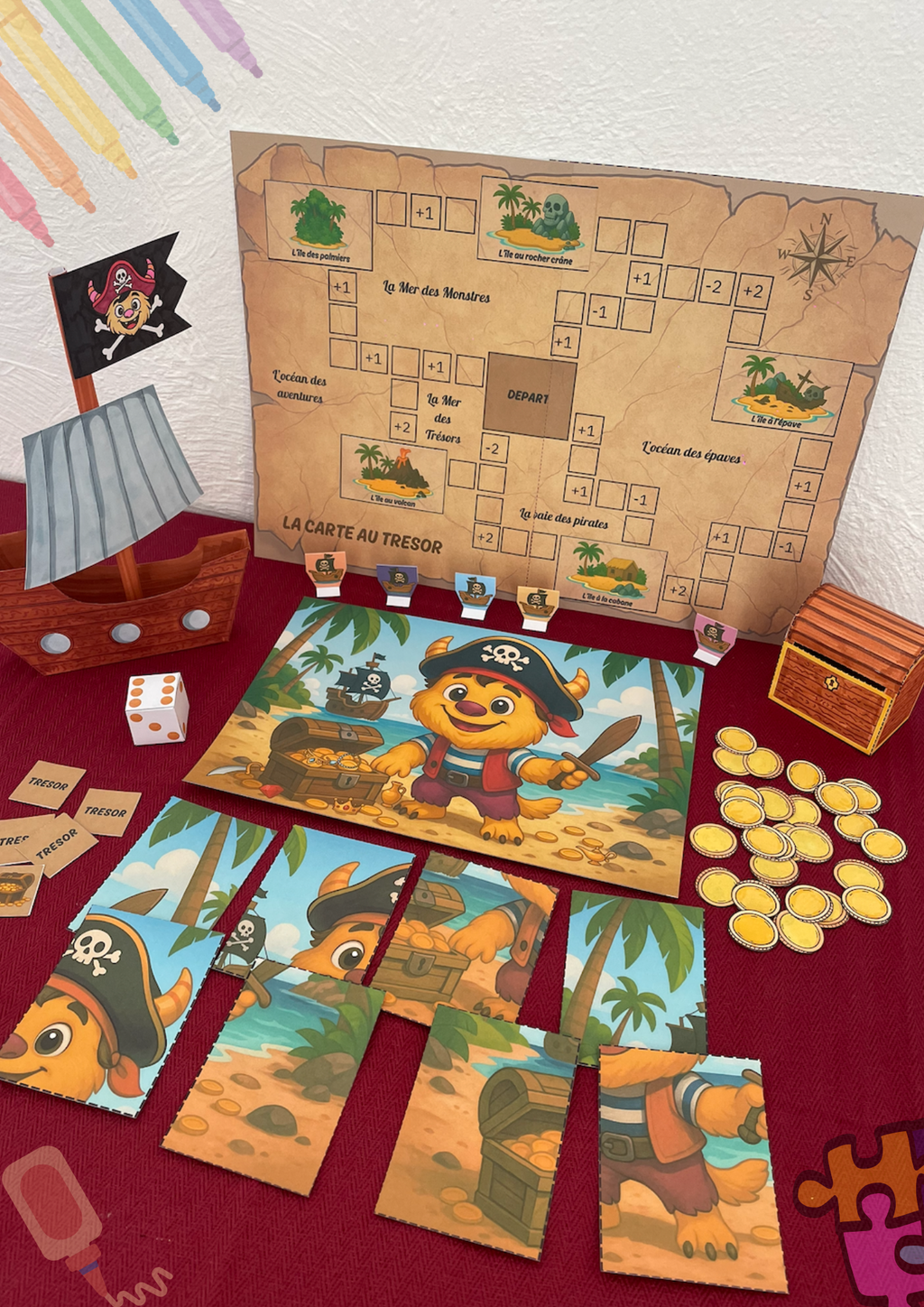 Créations sur le thème des pirate avec création d'un bateau et drapeaux puis d'un coffre fort avec des pièces. Puzzle et jeu de plateau avec pions en bateaux pour trouver le trésor. 