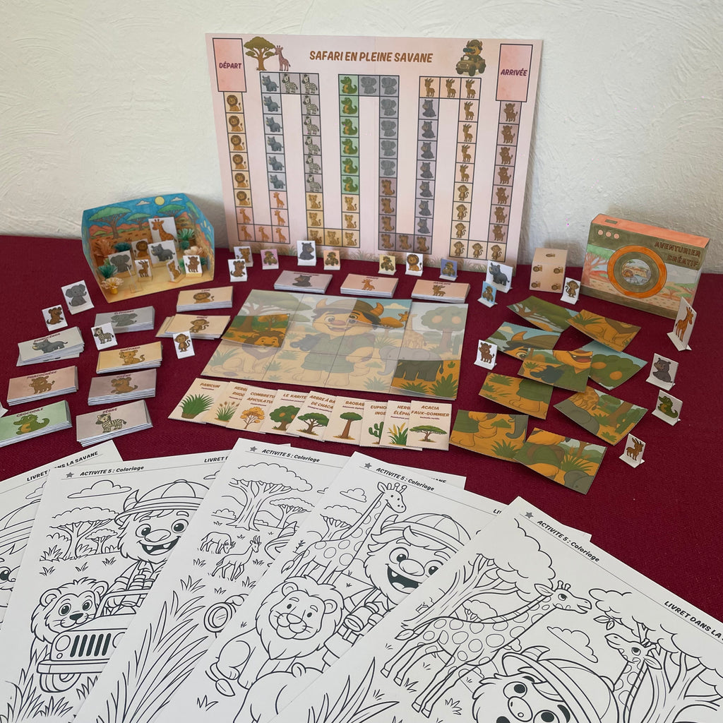Photo des activités créatives réaliser dans le livret de la savane avec coloriage, puzzle, plateau de jeux, safari et animaux de la savane. 