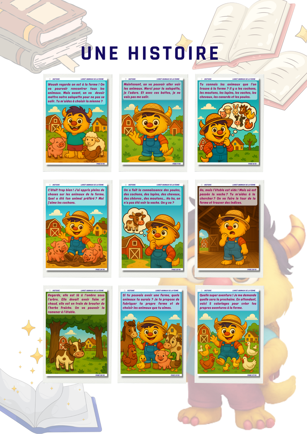Pages d'histoire avec mascotte Rony à la ferme avec animaux de la fermer, cochon, vache, poule, canard. Histoire pour enfants et activités manuelles. Éducatif et créatif. 