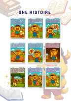Pages d'histoire avec mascotte Rony à la ferme avec animaux de la fermer, cochon, vache, poule, canard. Histoire pour enfants et activités manuelles. Éducatif et créatif. 