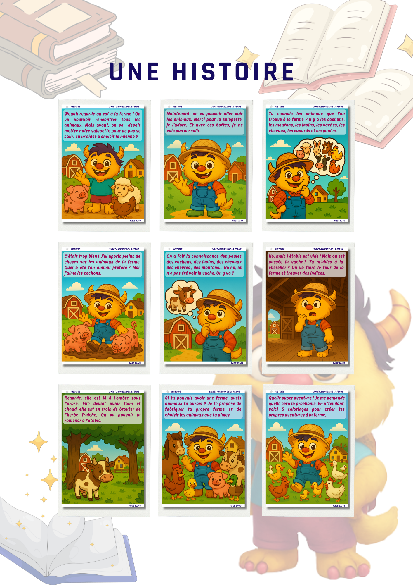 Pages d'histoire avec mascotte Rony à la ferme avec animaux de la fermer, cochon, vache, poule, canard. Histoire pour enfants et activités manuelles. Éducatif et créatif. 