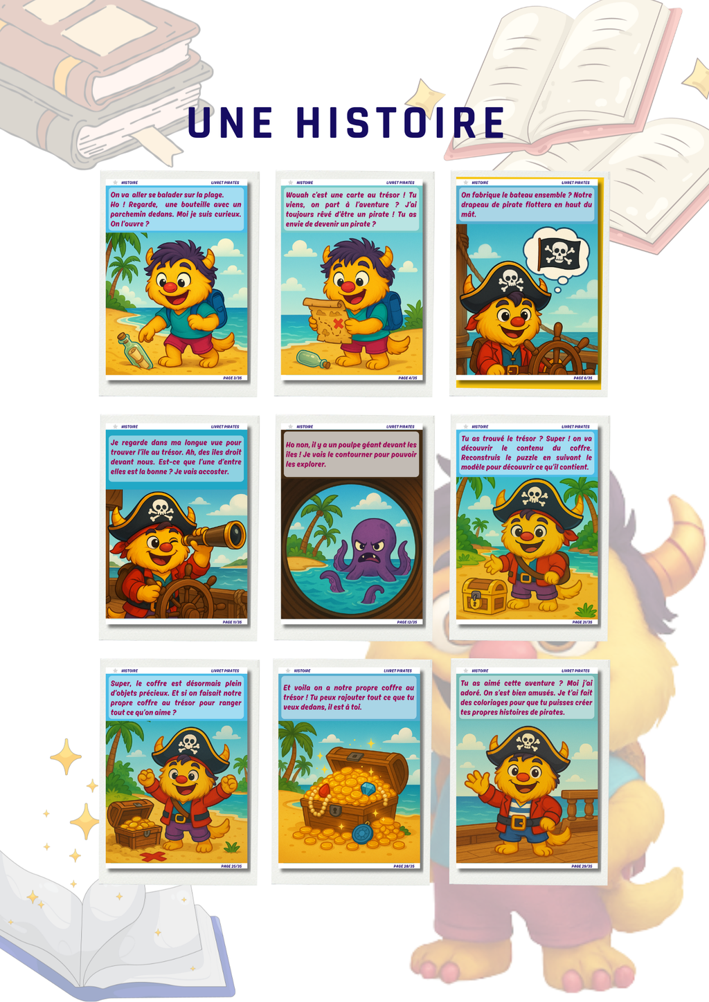 Histoire de Rony avec carte au trésor, pirate, bateau, drapeau de pirate, trésor, logeur vue, chapeau de pirate, aventure. Mascotte qui pars à l'aventure, ami de l'enfant. 