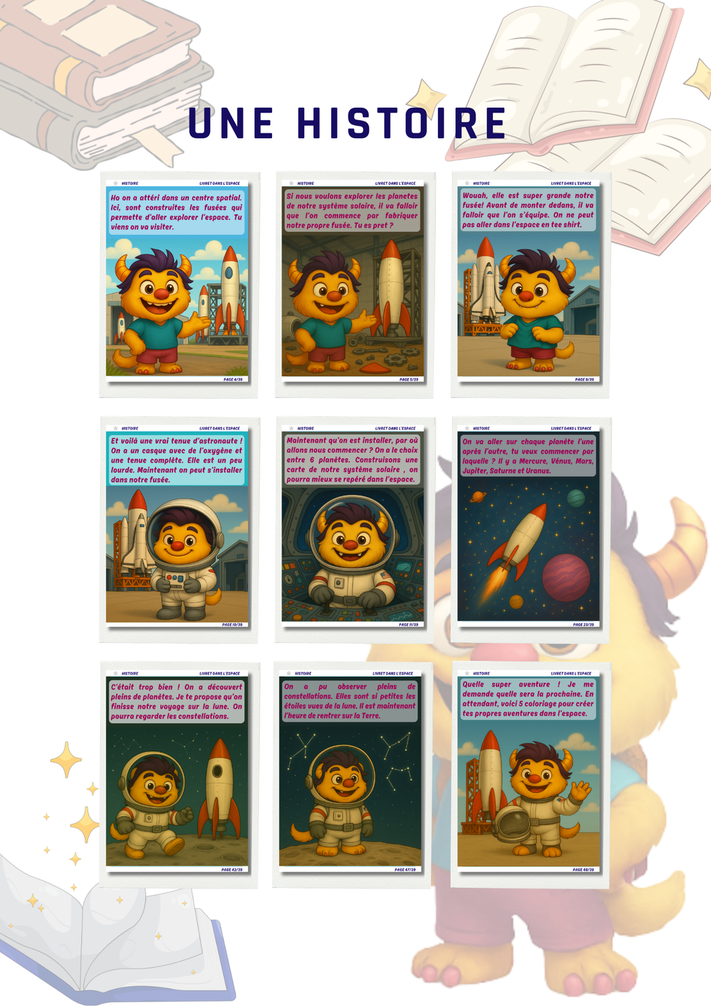 Livret histoire, Rony dans l'espace, mascotte en astronaute avec planètes et fusée. Enfants, activités manuelles et enfants histoire. Système solaire. 