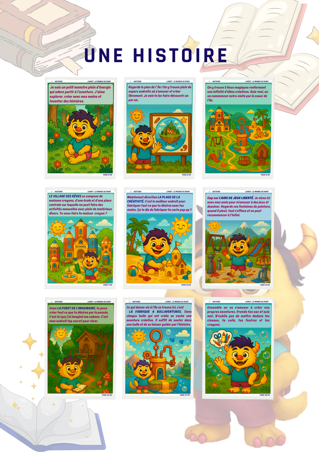 Page de livret d'activité, histoire de Rony et son univers avec ile suspendu, création de château de sable, école en crayon, cabane dans les arbre et créations diverse. Activités manuelles dans histoire pour enfants. 