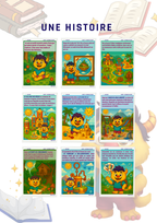 Page de livret d'activité, histoire de Rony et son univers avec ile suspendu, création de château de sable, école en crayon, cabane dans les arbre et créations diverse. Activités manuelles dans histoire pour enfants. 