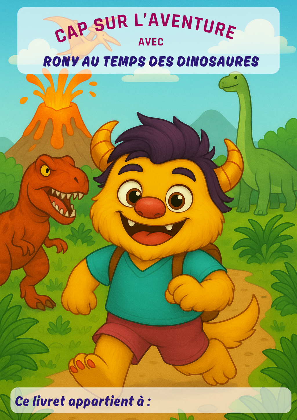 Couverture colorée du livret d’activités manuelles pour enfant  “ Rony dans la savane”, avec Rony le petit monstre, dinosaures, végétation, œufs de dinosaure et volcan. Histoire, créativité, imagination, coloriage. 