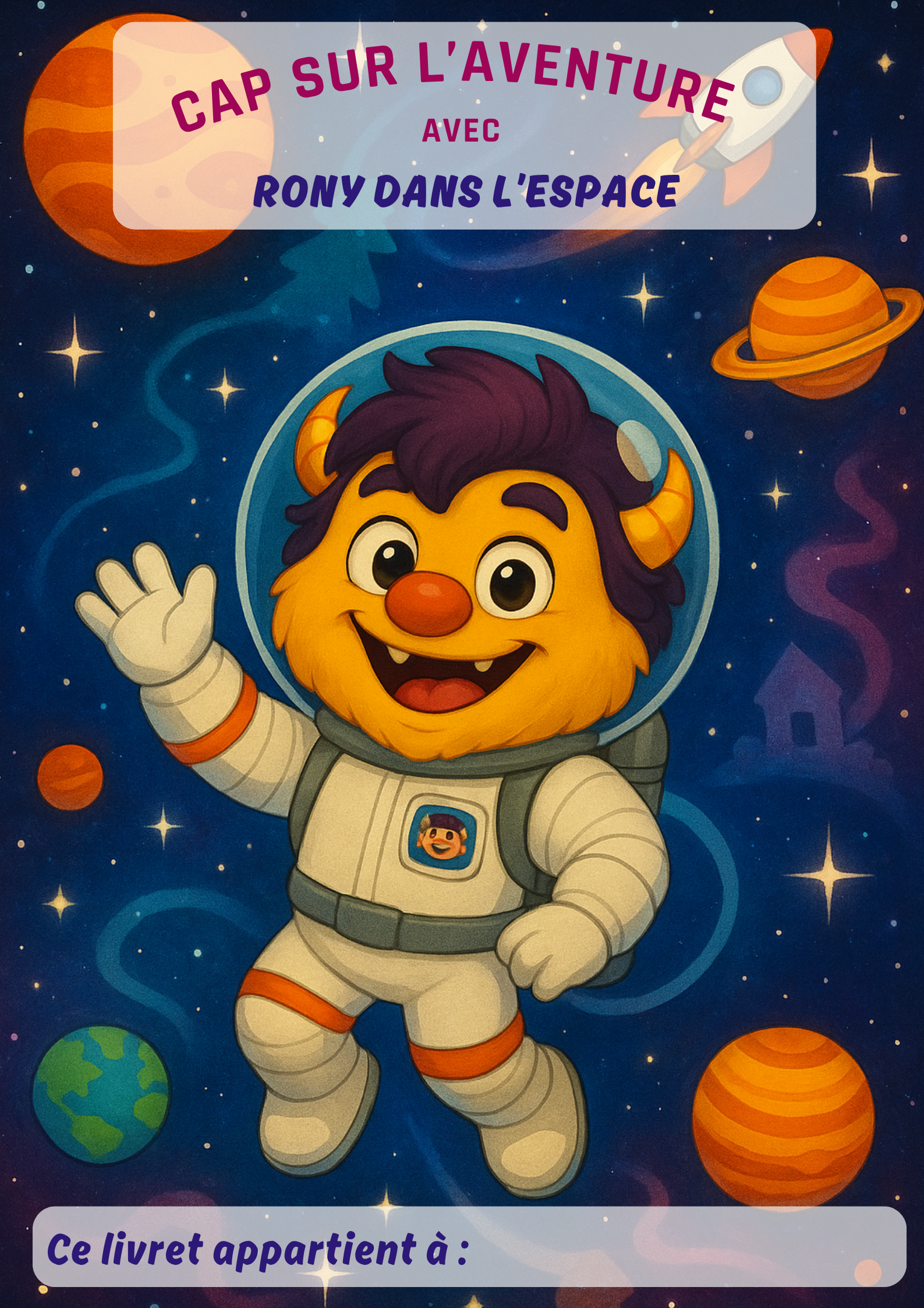Couverture colorée du livret d’activités manuelles pour enfant  “ Rony dans l’espace”, avec Rony le petit monstre, astronaute, des planètes, l’espace, fusée. Histoire, créativité, imagination, coloriage. 
