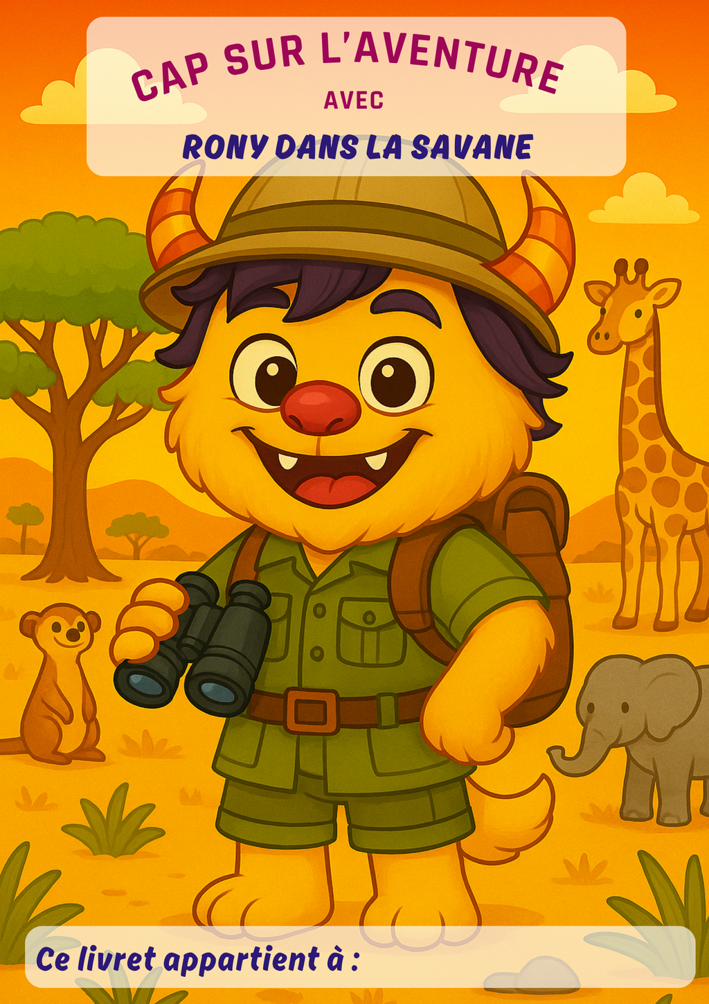 Couverture colorée du livret d’activités manuelles pour enfant  “ Rony dans la savane”, avec Rony le petit monstre, safari, jumelles, lion, désert, végétation, sable, animaux. Histoire, créativité, imagination, coloriage. 