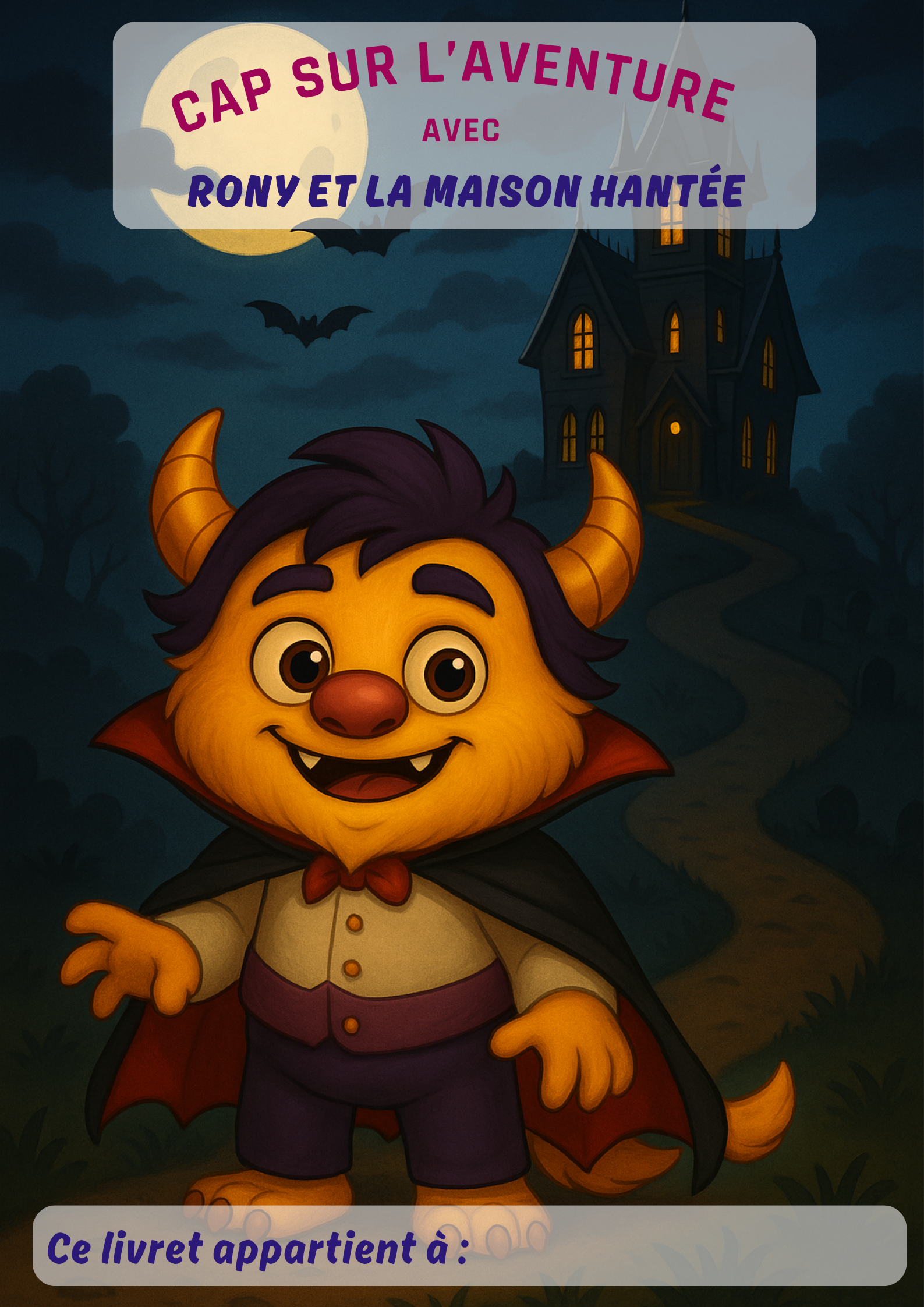 Couverture colorée du livret d’activités manuelles pour enfant  “ Rony et la maison hantée”, avec Rony le petit monstre, vampire, maison hantée, halloween, monstres. Histoire, créativité, imagination, coloriage. 