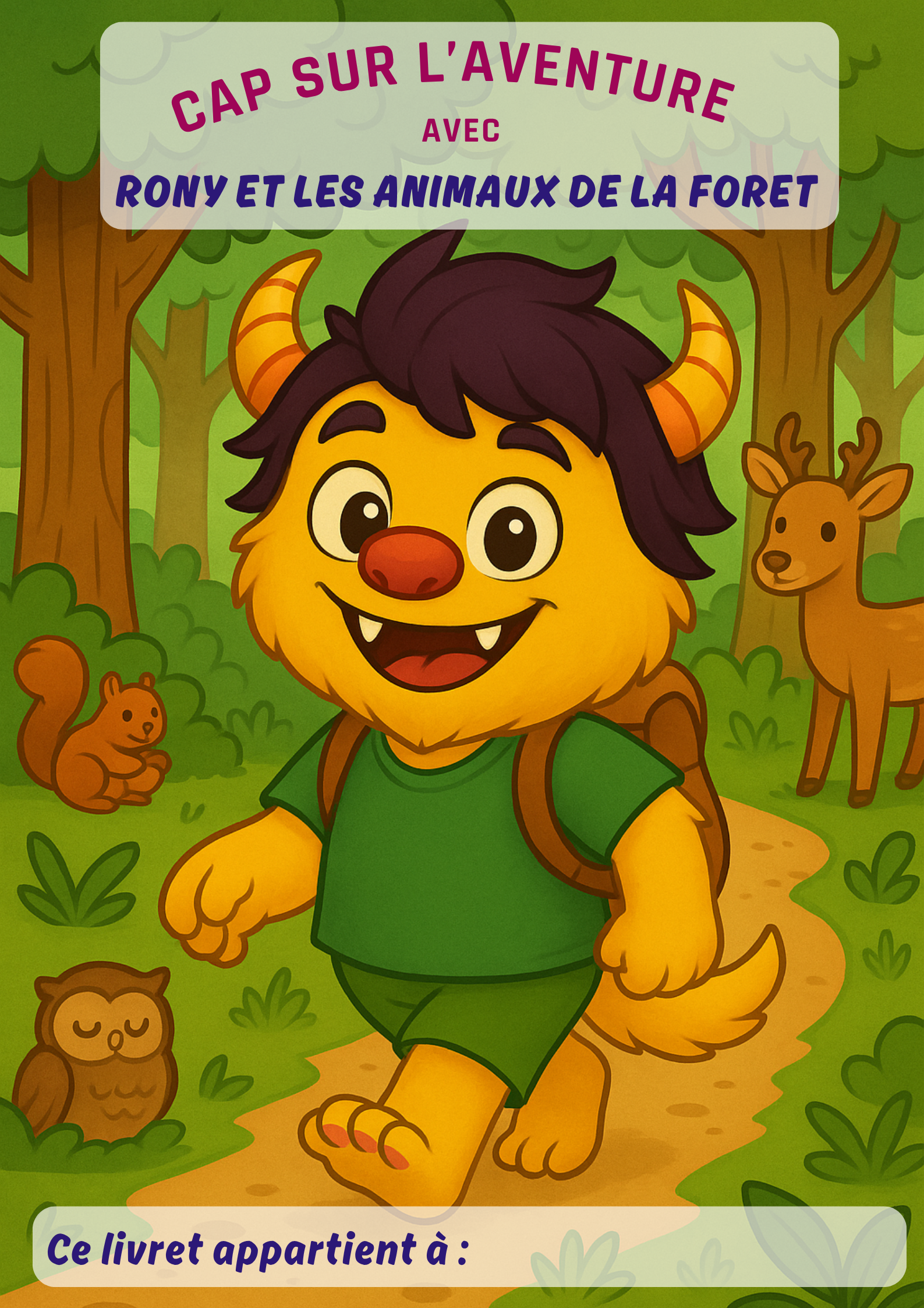 Couverture colorée du livret d’activités manuelles pour enfant  “ Rony et les animaux de la forêt ”, avec Rony le petit monstre,une forêt, des arbres, des animaux, ambiance verte, de la nature. Histoire, créativité, imagination, coloriage.