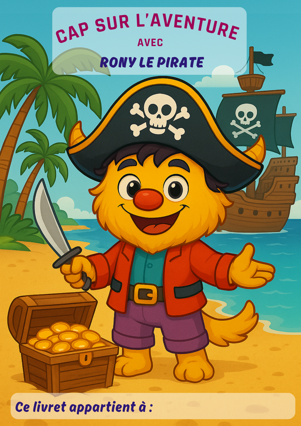 Couverture colorée du livret d’activités manuelles pour enfant  “ Rony le pirate”, avec Rony le petit monstre, un bateau pirate, un coffre au trésor, une plage, la mer. Histoire, créativité, imagination, coloriage. 
