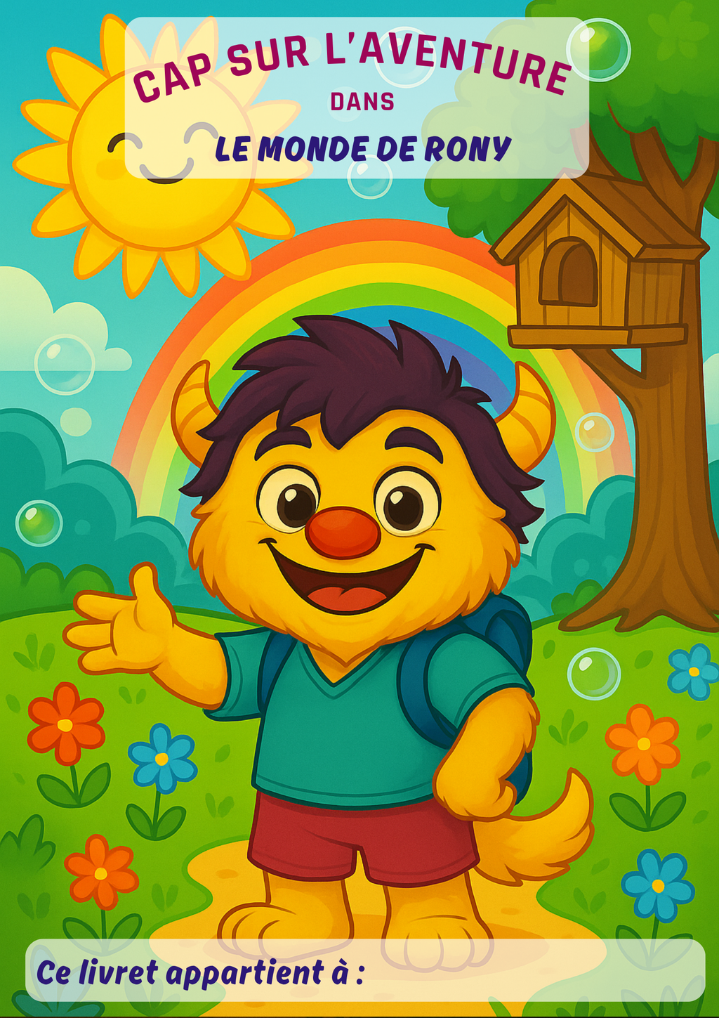 Couverture colorée du livret d’activité manuelle gratuit “Le monde de Rony”, avec Rony le petit monstre, mascotte, sur son île créative, découvrir l’univers Aventurier Créatif. Histoire, créativité, imagination, coloriage. 