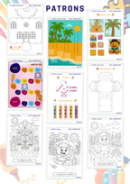 Patron de maison en forme de crayons, de carte pop up à la plage avec notre mascotte Rony. création jeu de plateau avec peinture et création de dé et de pions. Patron de cabane en bois et coloriages pour enfants. 